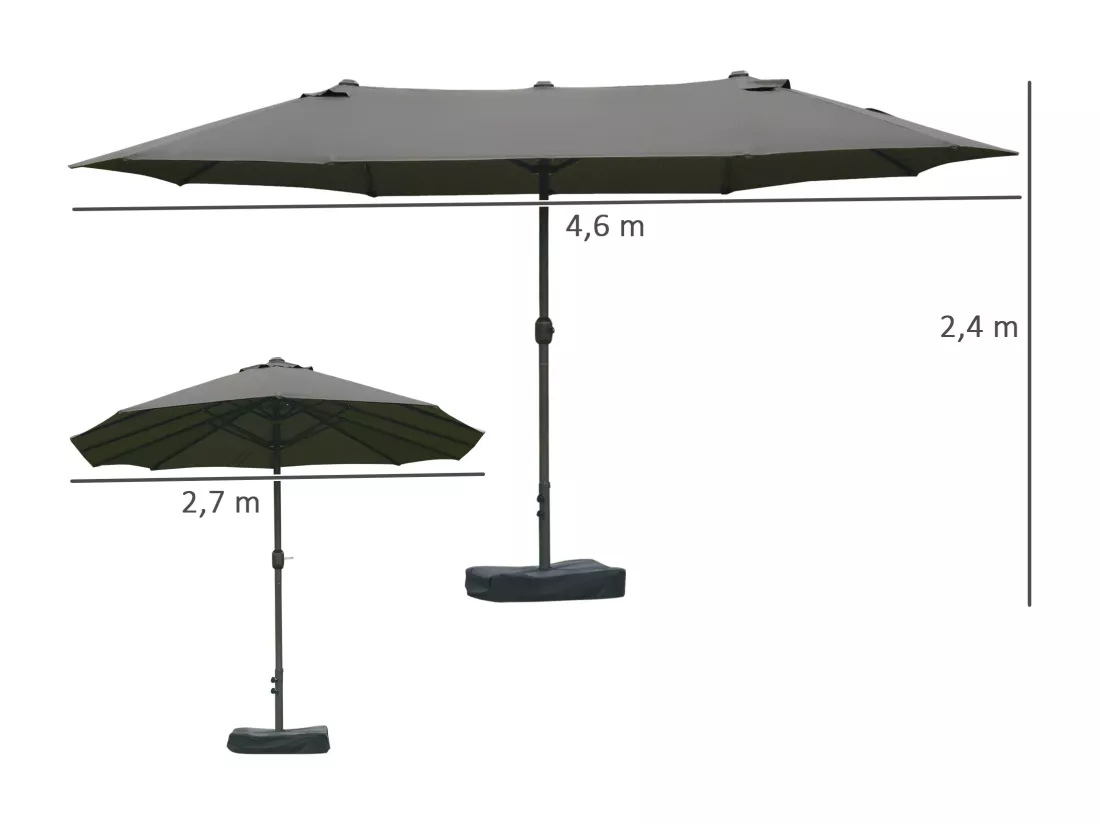 Parasol de jardin XXL dim. 4,6L x 2,7l x 2,4H m ouverture fermeture manivelle pied & contrepoids inclus acier polyester haute densité gris