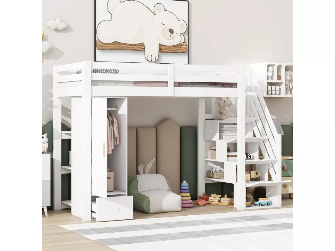 Lit mezzanine 90x200 cm en bois - avec penderie et échelle de rangement - Blanc