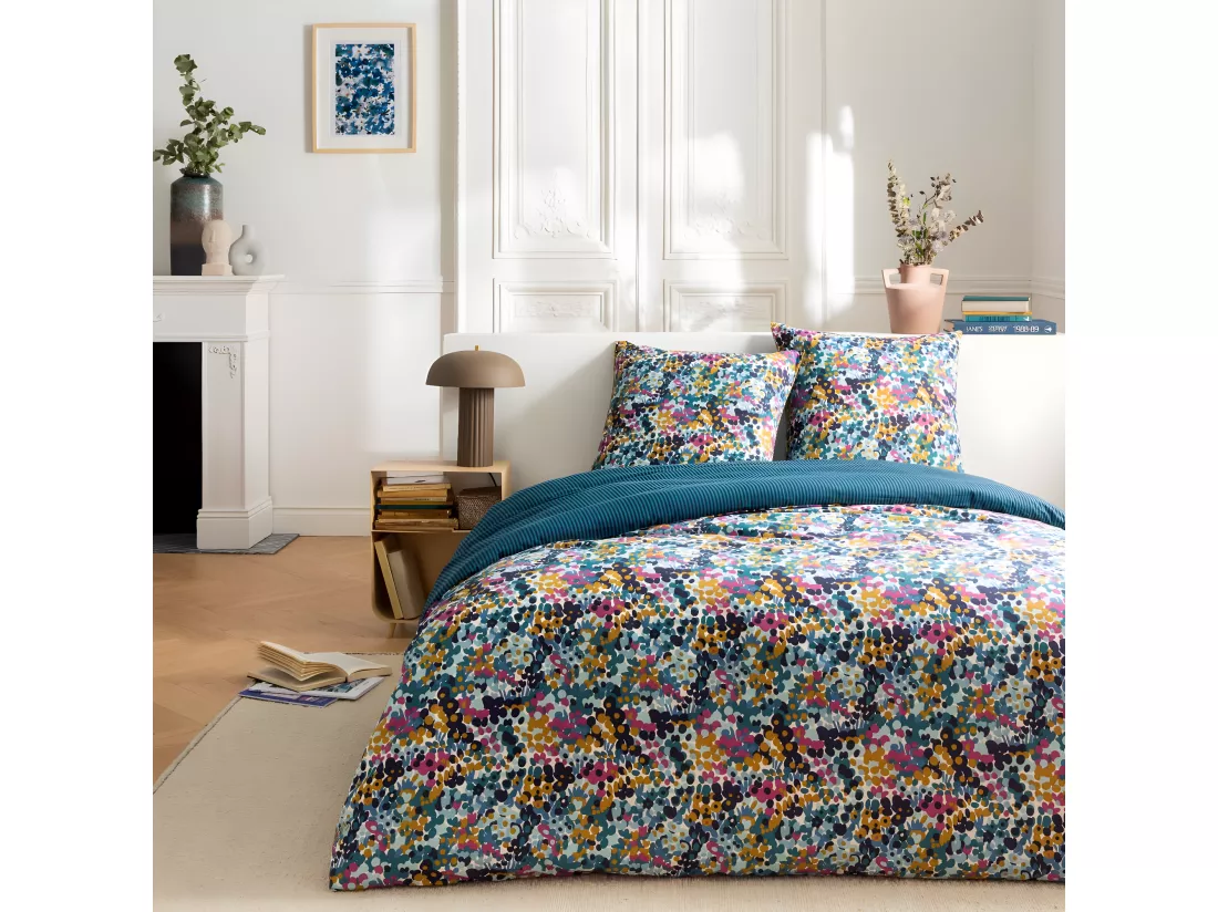 Parure de lit 2 personnes en coton 57 fils imprimé multico 240x220cm