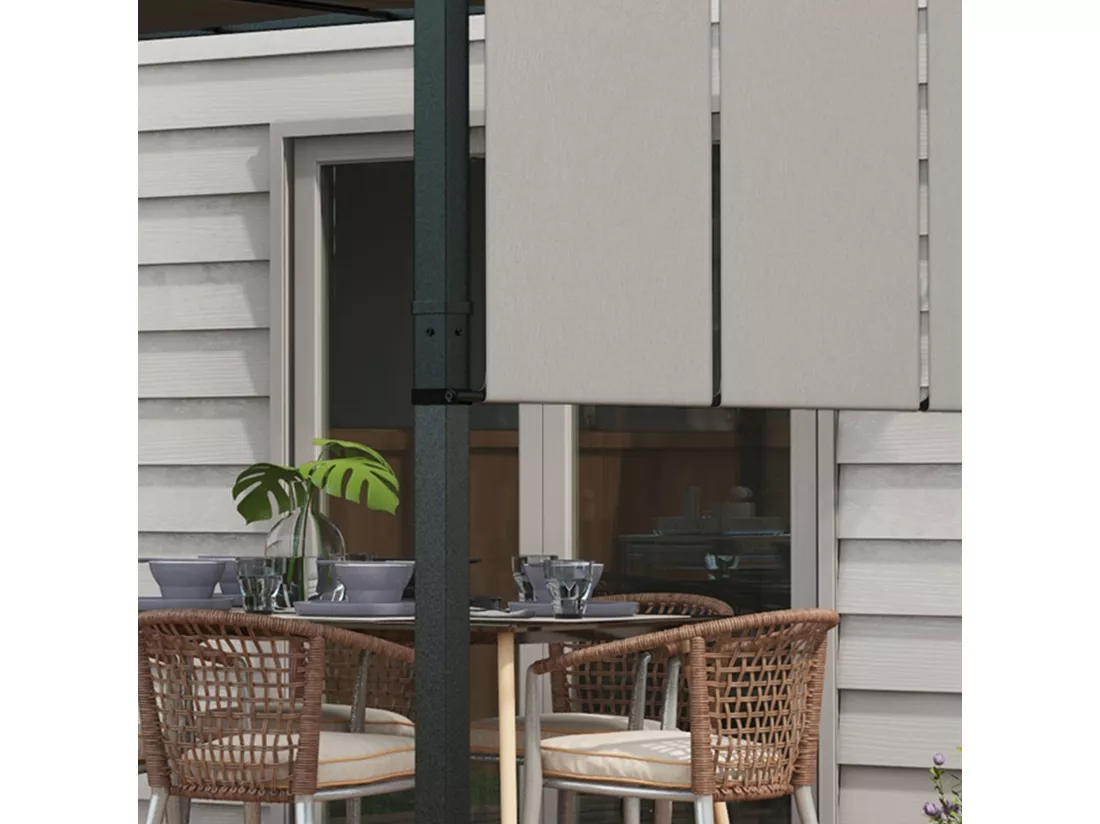 Pergola 3 toiles coulissantes - dim. 3,57L x 2,96l x 2,35H m - acier époxy noir polyester haute densité gris