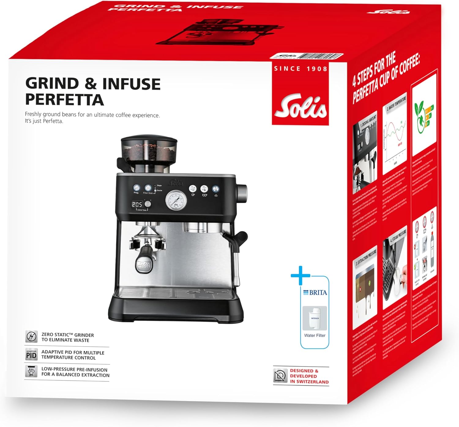 Solis Grind & Infuse PERFETTA Espressomaschine, Kaffeemaschine mit Mahlwerk und Milchaufschäumer, Halbautomatische Kaffeemaschine mit abnehmbaren Wassertank, Heißwasser- und Dampffunktion (Schwarz)