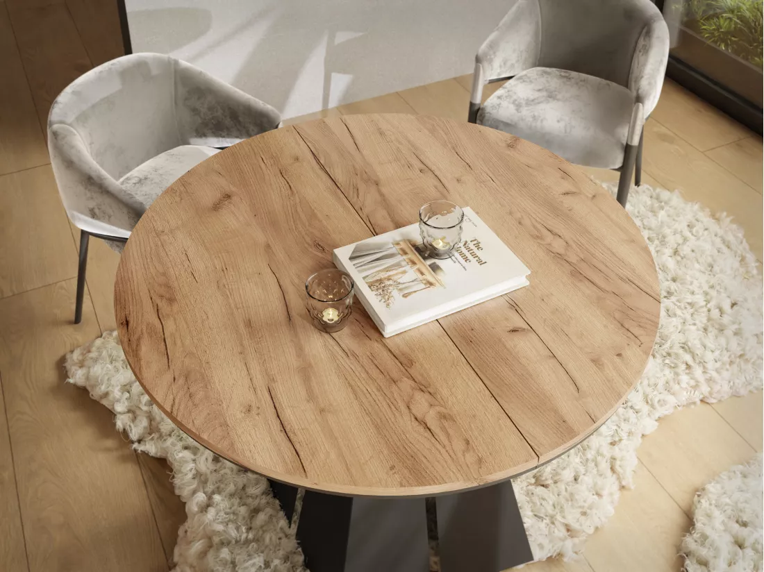 Table à Manger Ronde Extensible Avec Piètement Métallique Noir - Table Industrielle Moderne Pour Salle à Manger Ou Cuisine - 120 Cm à 200 Cm - Fabriqué En Ue - Chên