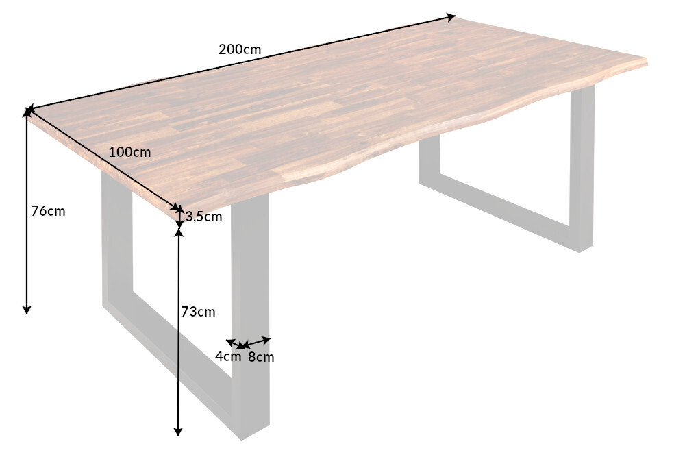 Massivholz Esstisch GENESIS 200cm braun geflammt Akazie Eisen schwarz Baumkante