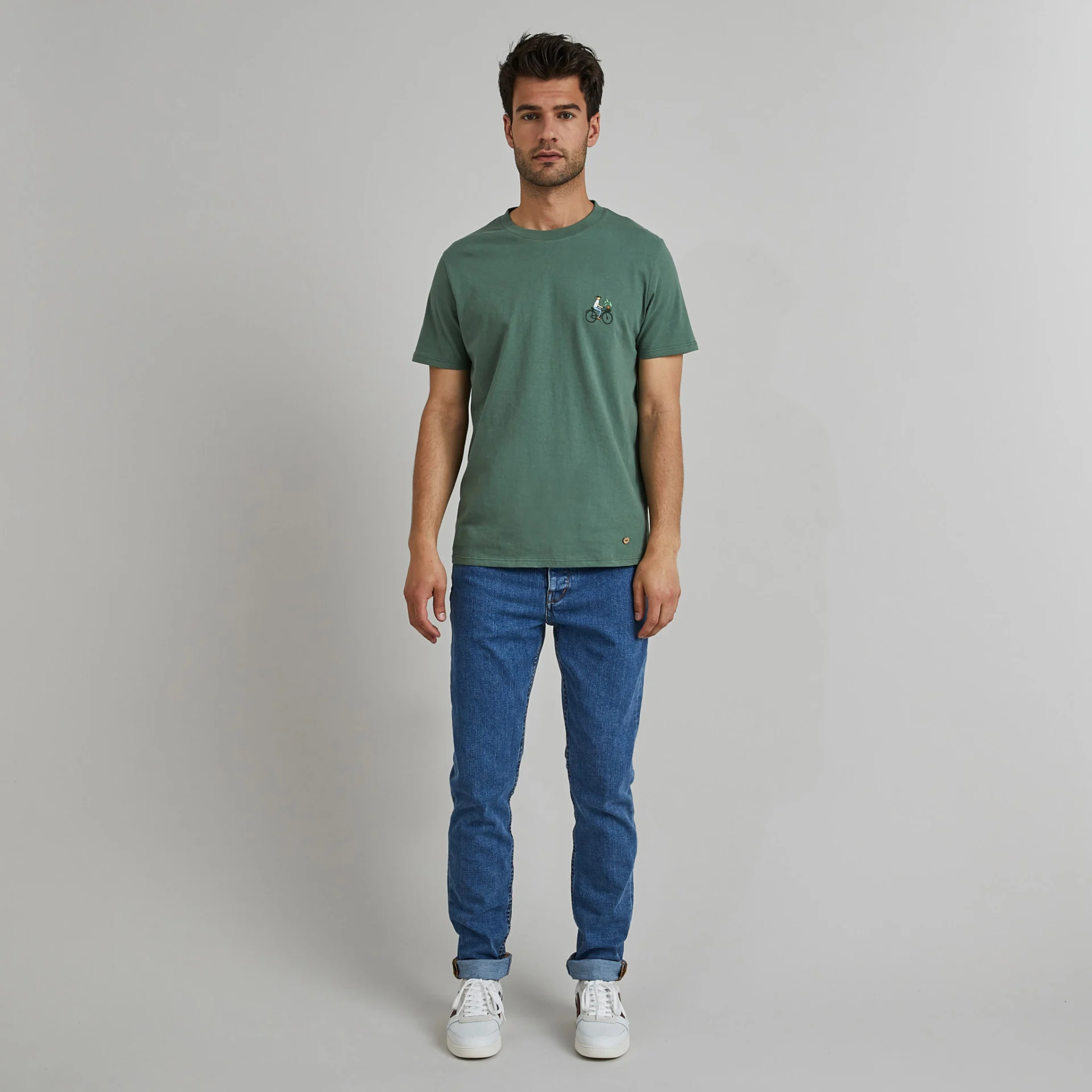 T-shirt col rond vert broderie vélo coton et coton recyclé - modèle Arcy