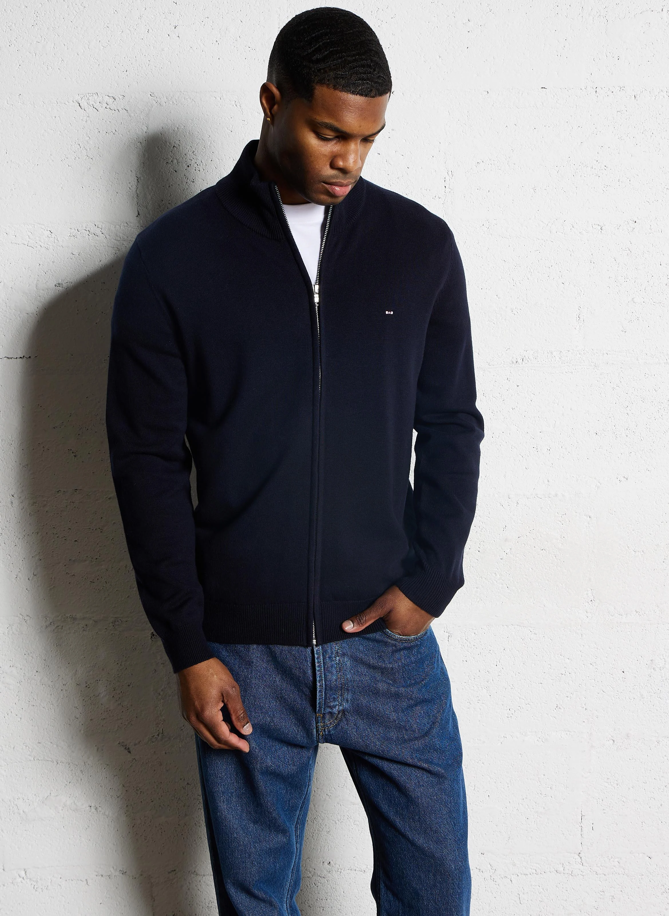 Gilet zippé regular en laine et coton | Bleu
