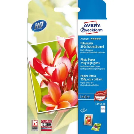 Avery Zweckform C2550-50 Premium Inkjet Fotopapier, 10x15, einseitig beschichtet, 250 g/m², 50 Blatt