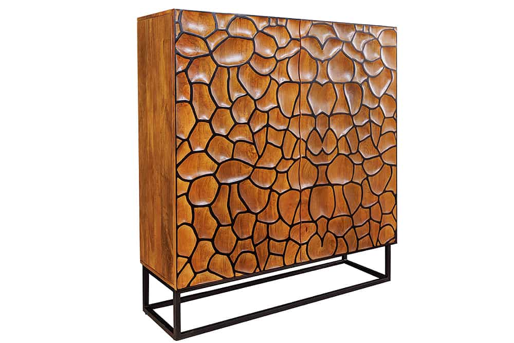 Massivholz Highboard VULCANO 120cm braun Mangoholz mit 3D Schnitzereien handmade Metallgestell schwarz