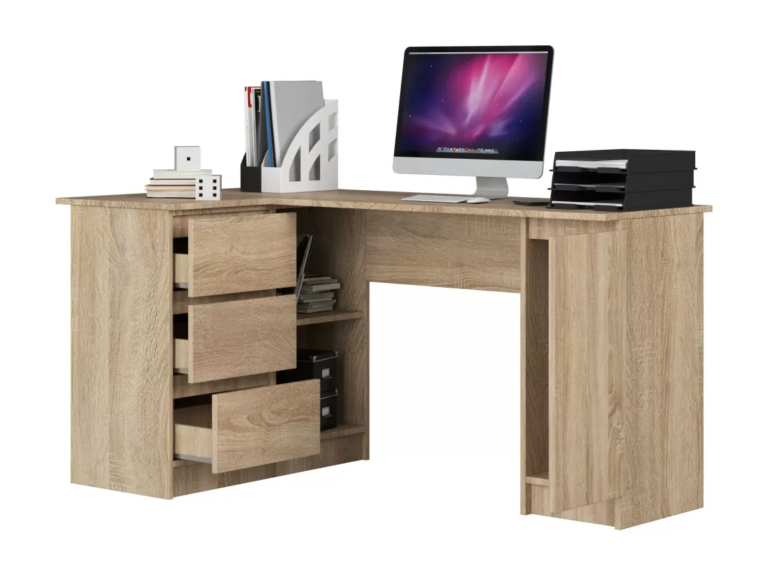 Grand bureau d'angle AKORD gauche B20 Chêne Sonoma 155 cm 1 porte 3 tiroirs façade Chêne Sonoma 4 étagères 155x85x77 cm