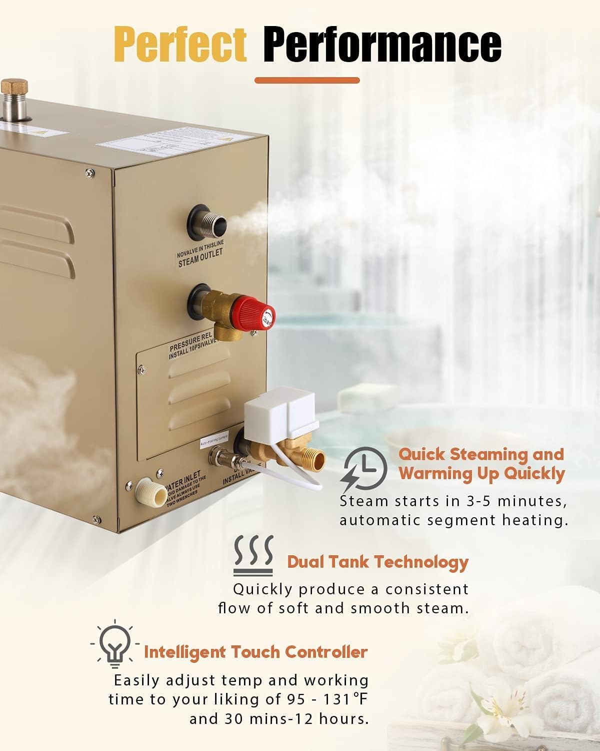 CGOLDENWALL 4.5 KW Sauan Dampfgenerator mit Automatischer Entwässerung 220 V für Zuhause und Gewerbe, Geeignet für Sauna/Dusche/Bade/SPA mit Intelligentem Touch-Controller 25-55°C, 3-4.5m3 Raumheizung