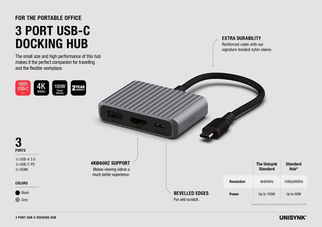 Unisynk 3 Port USB-C hub (sort)