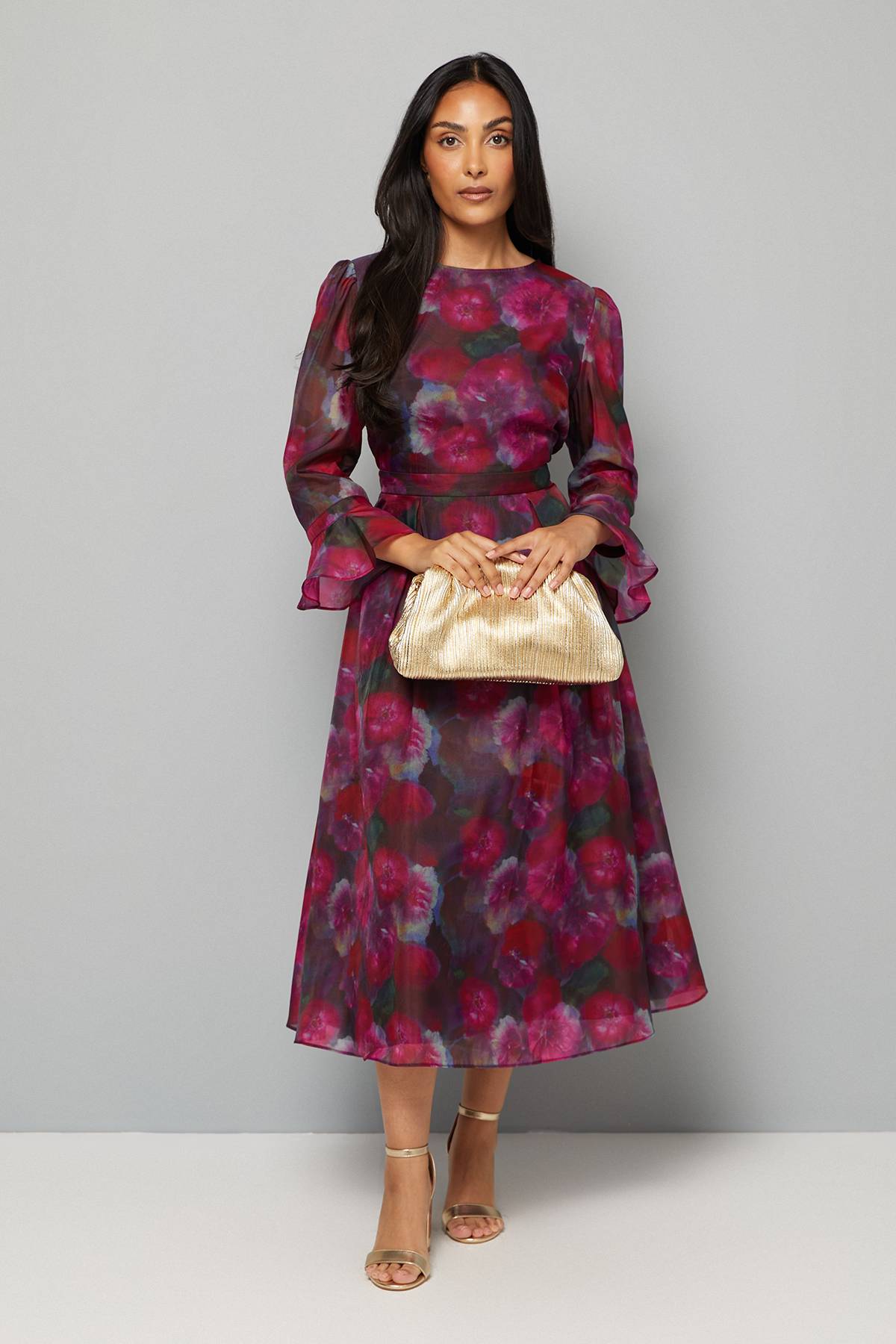 Wallis Robe Midi Petite en Organza Floral à Manches Évasées