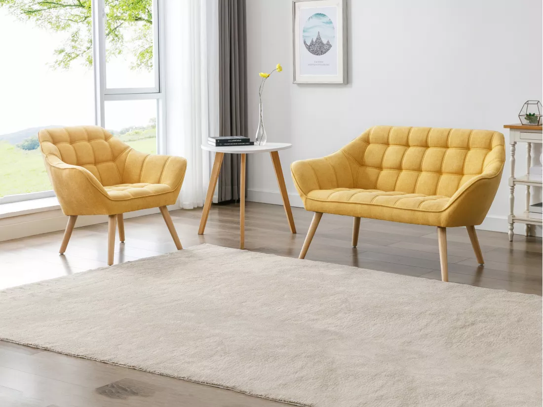 Canapé 2 places et fauteuil en tissu jaune moutarde CASERTA