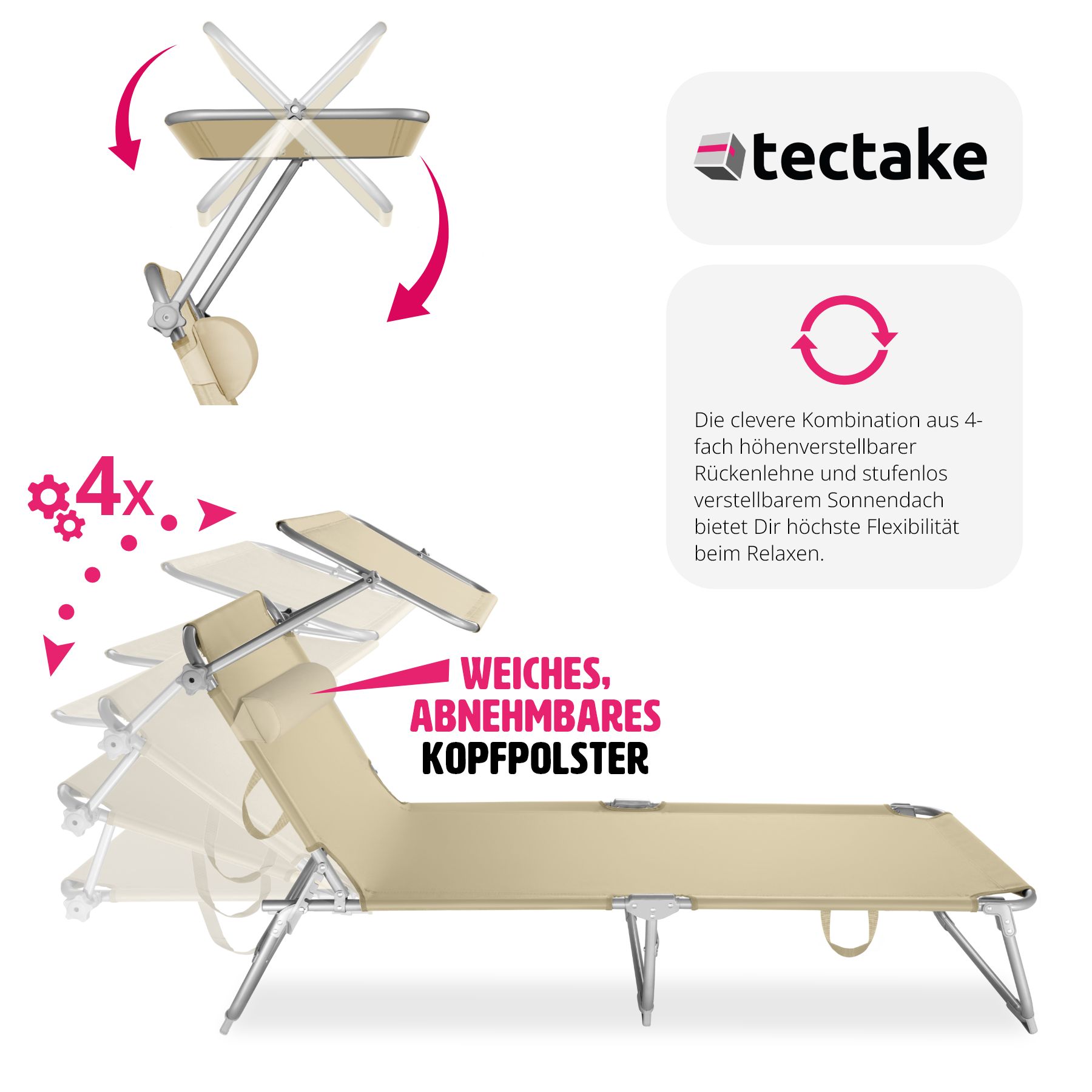 tectake® Gartenliege, klappbar, 4-fach verstellbare Rückenlehne mit Kopfpolster, 190 x 68 x 65 cm