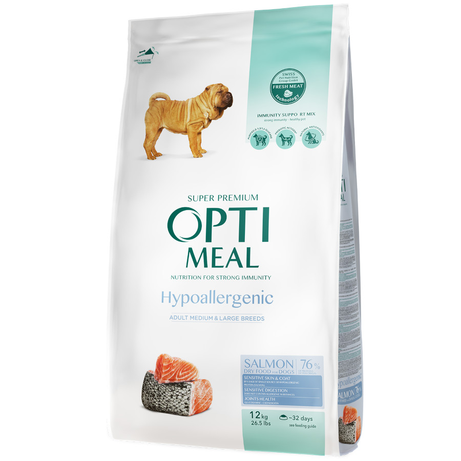OPTIMEAL™ Alimento seco hipoalergênico para cães adultos de porte médio e grande com salmão.