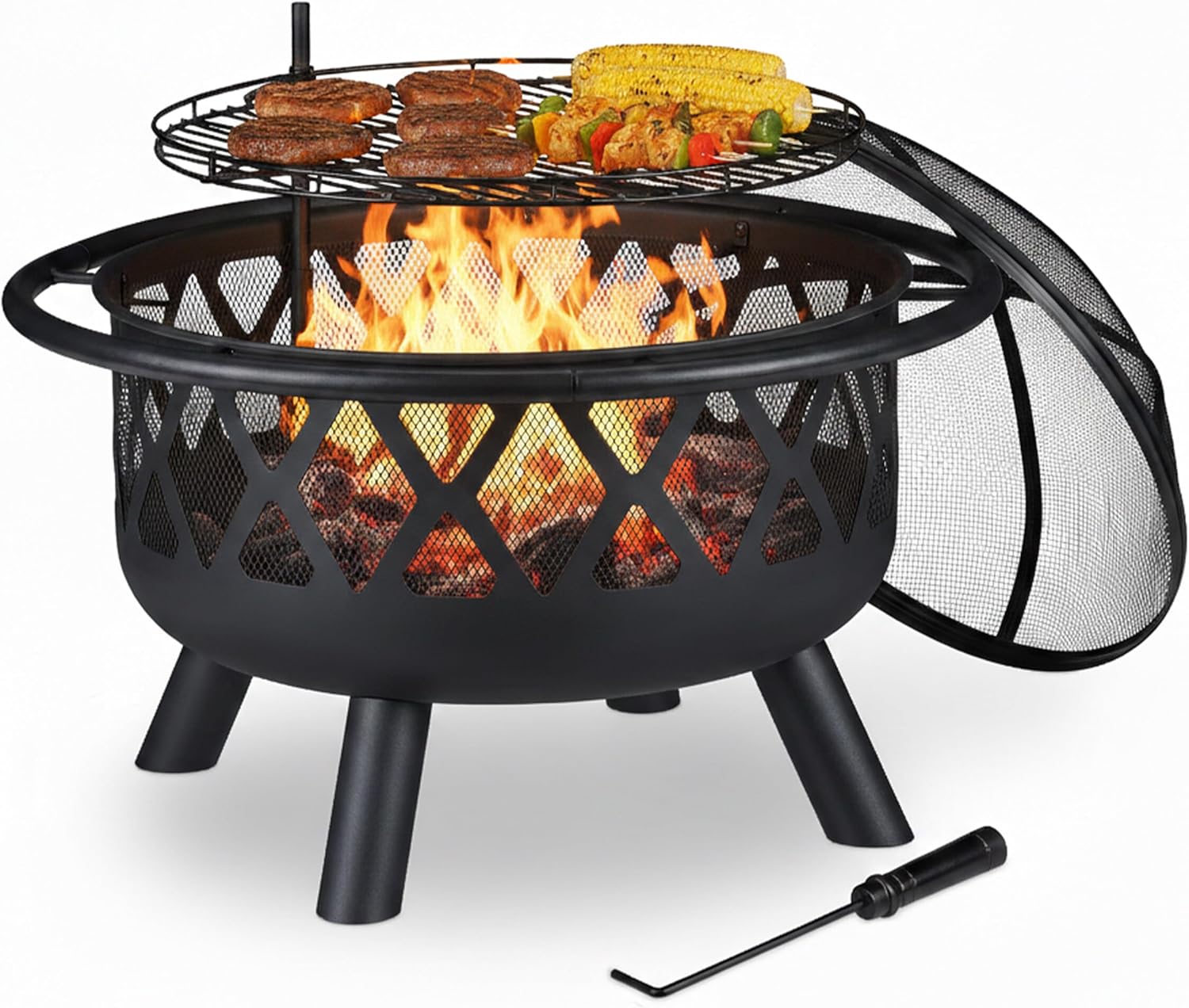 Relaxdays Feuerschale mit Grillrost, Funkenschutz & Schürhaken, Ø 75 cm, Stahl, Feuerstelle Garten & Terrasse, schwarz, 68.5 x 75 x 75 cm