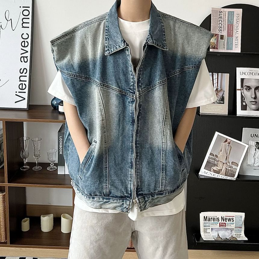 WidoWilder - Gewatteerde schoudervulling, gewassen denim vest met rits