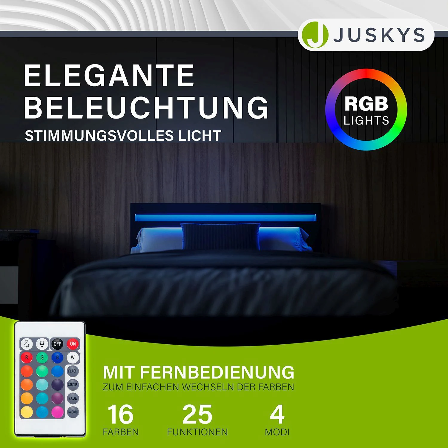 Juskys Polsterbett Verona schwarz | 120×200 cm | Bettgestell LED-Beleuchtung, Lattenrost & Matratze