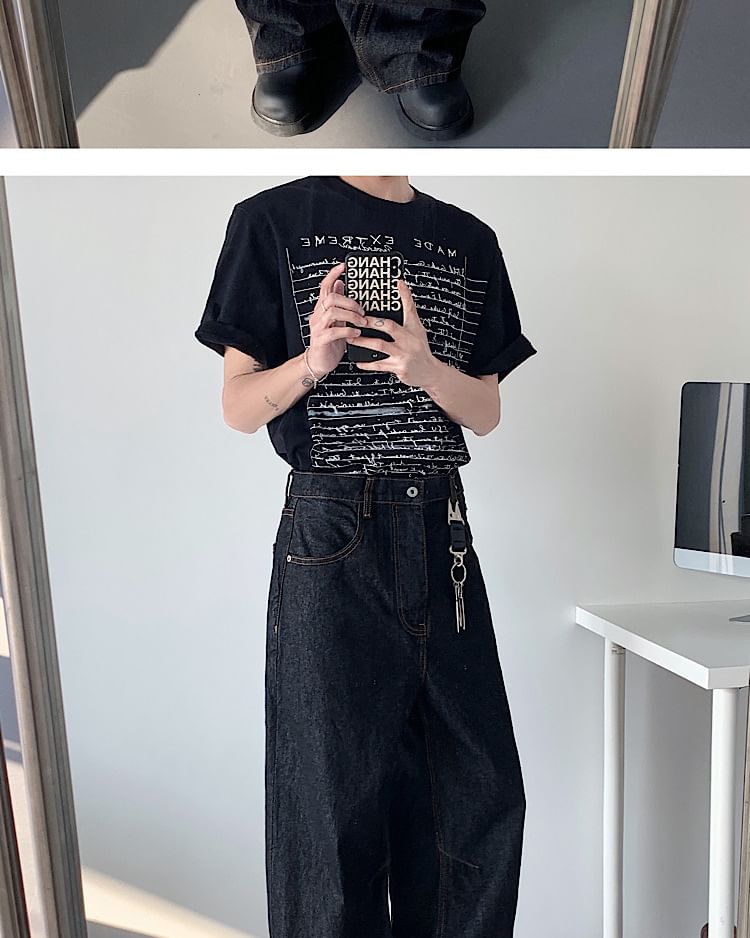Omozando - Mid Rise Lettering Geborduurde Wijde Jeans