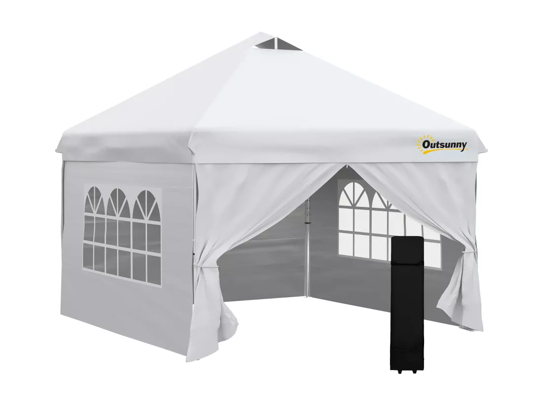 Tonnelle barnum pliant pop-up 3L x 3l x 2,84H m 4 parois latérales amovibles 2 fenêtres + sac de transport métal Oxford blanc