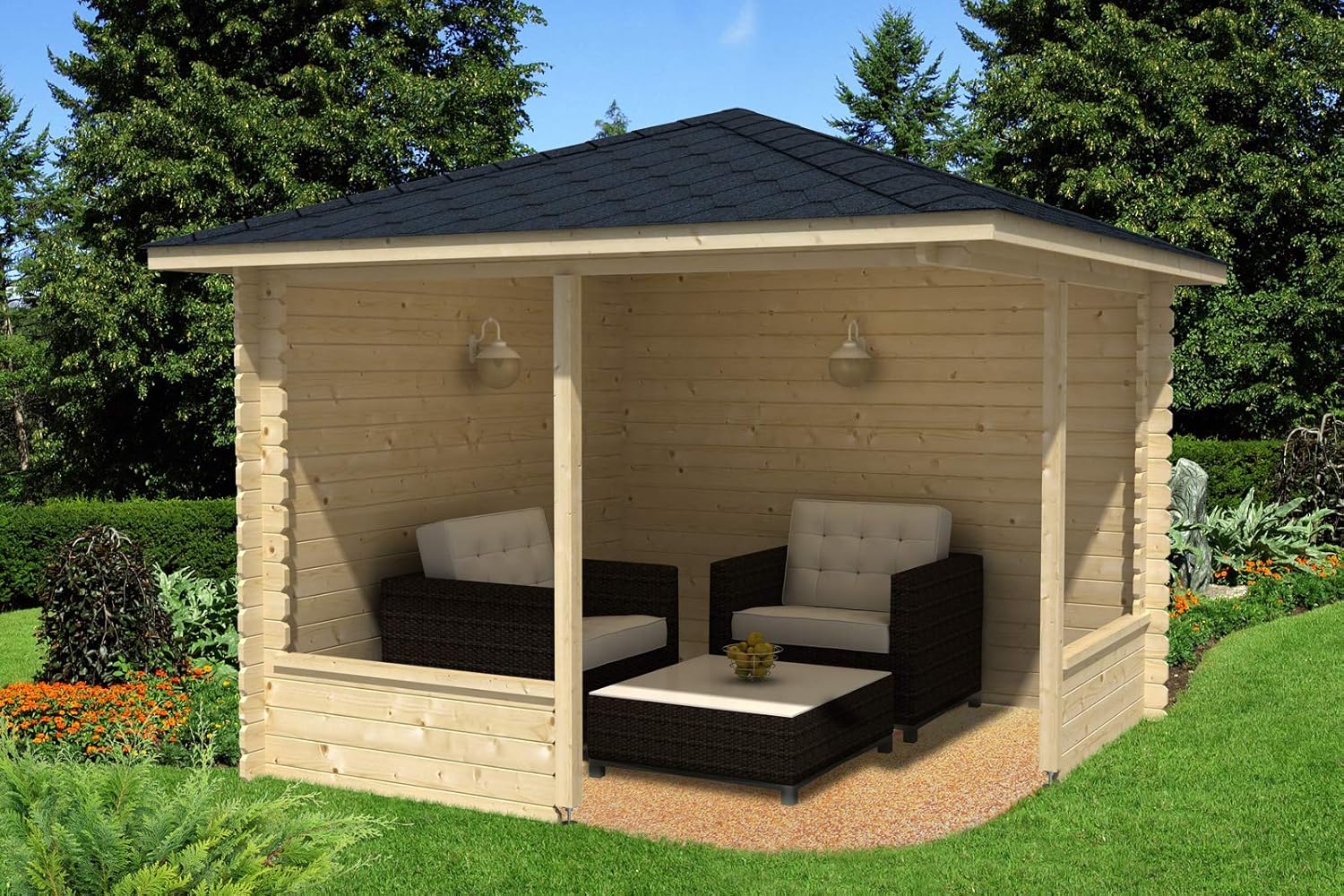 5-Eck Gartenlaube Maik-28 aus Massiv-Holz, Gartenhaus mit 28 mm Wandstärke, Garten Holzhaus inklusive Montagematerial, Geräteschuppen Größe: 300 x 300 cm, Spitzdach