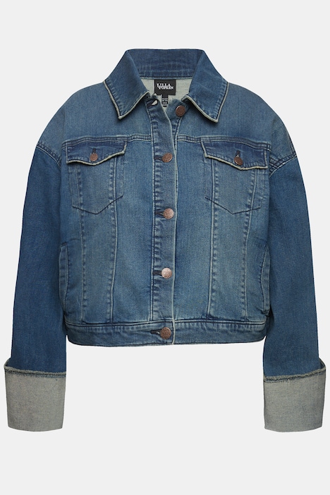 Jeansjacke, Fransen, Hemdkragen, breiter Ärmelumschlag