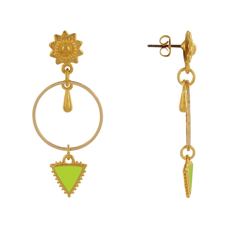Boucles d'Oreilles Laiton Doré Cercle Goutte et Triangle Émaillé