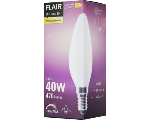 FLAIR LED kaarslamp, dimbaar, C35 E14/4W (40W), 470 lm, 2700 K, warm wit, mat