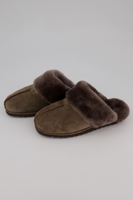 Leder-Hausschuhe, Veloursleder, Fellbesatz, Komfortweite