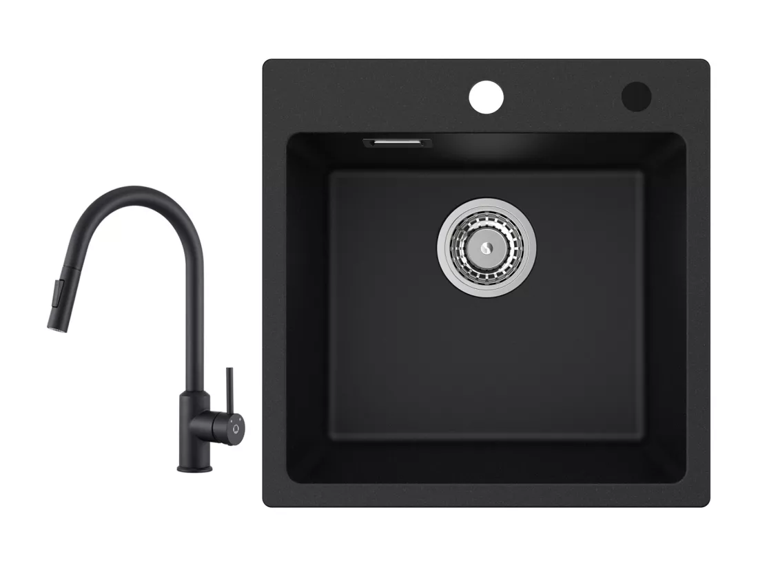 Cecipa max 45x45cm Evier Quartz Noir Evier 1 Bac en Quartz et Résine Evier de Cuisine + Mitigeur avec Douchette Extractible Rotatif à 360 ° Noir