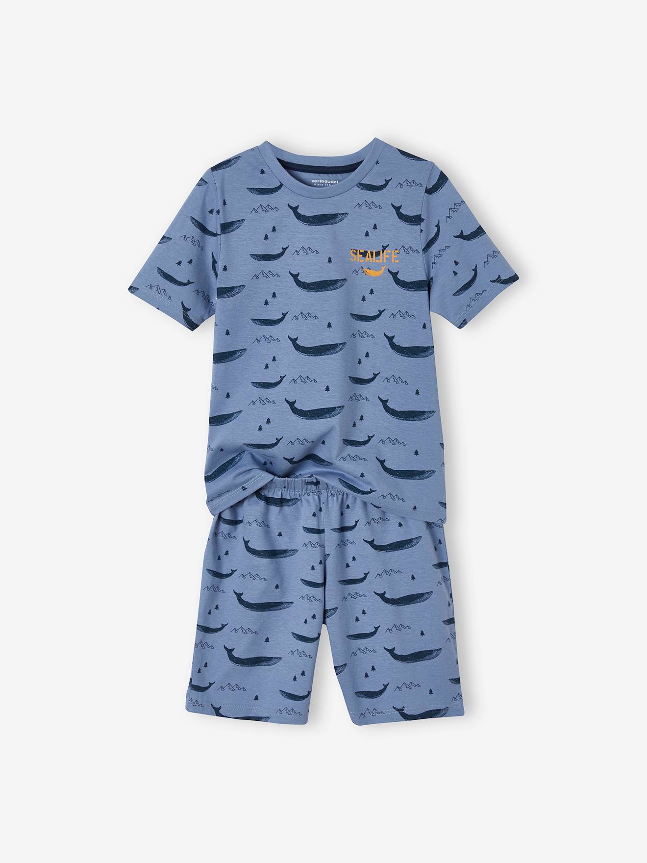 Conjunto de 2 pijamas com shorts, certificado Oeko-Tex®, para meninos, amarelo liso tamanho médio com estampa de baleia.