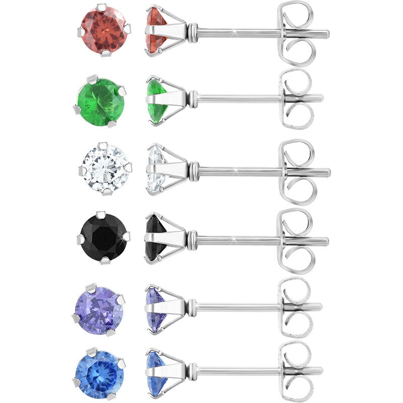 Lot de 6 paires de boucles d'oreilles - Cristaux - Argenté