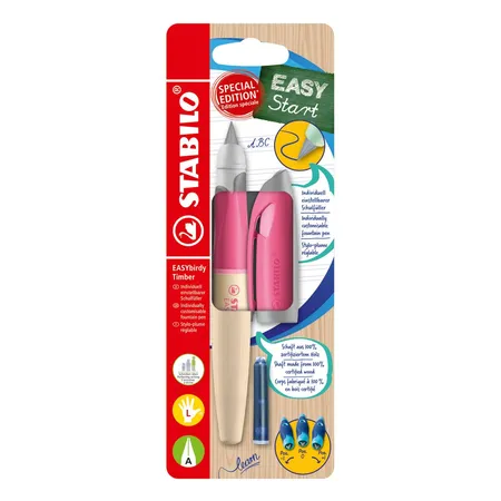 Schulfüller ergonomisch für Linkshänder mit Anfänger-Feder A - STABILO EASYbirdy Timber in pink - inkl. Patrone