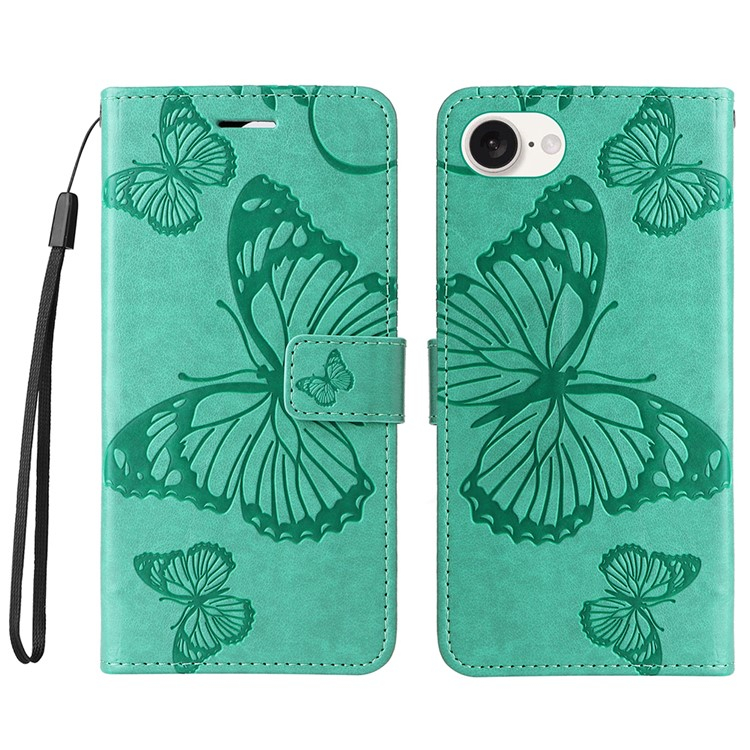 iPhone 16e Leder Tasche mit Kartenfach   Handschlaufe Schmetterling - Türkis