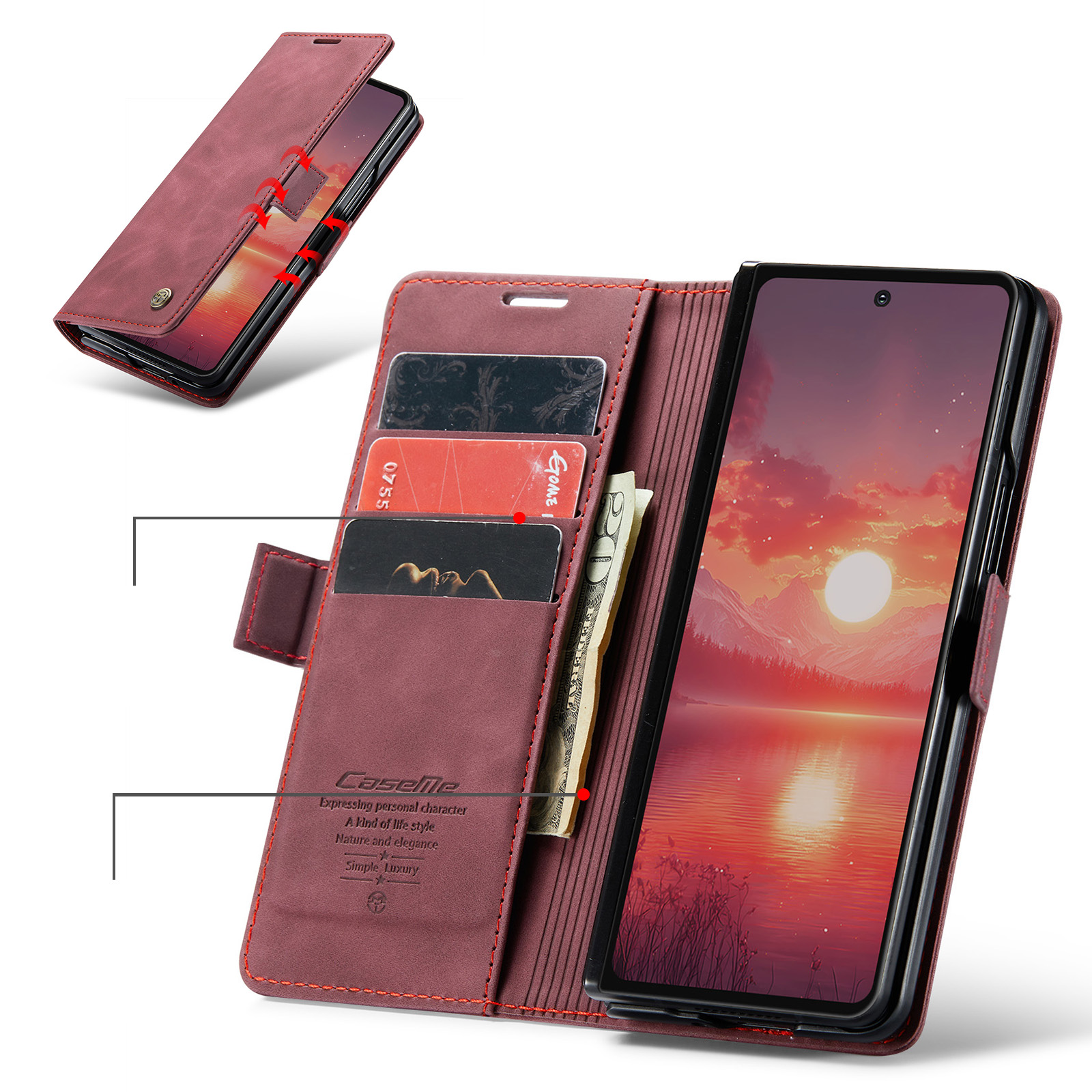 Samsung Galaxy Z Fold7 Leder Tasche Flip Wallet Etui mit Kartenfächern - Rot