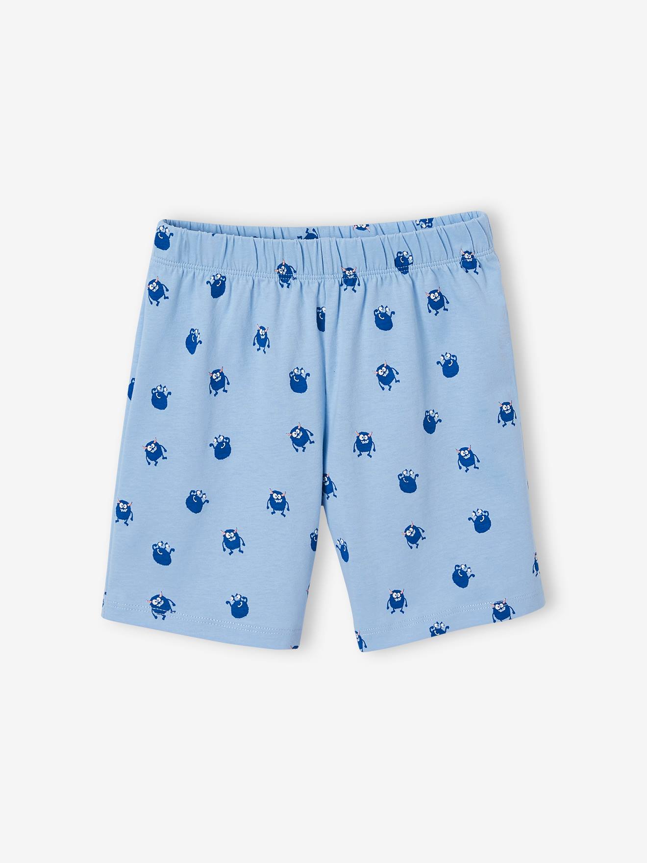 Pijama curto azul claro infantil de malha favo de mel com estampa de monstro.