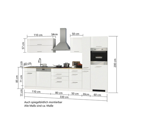 Held Furniture keukenblok zonder apparatuur Milan 330 cm wit hoogglans gedemonteerd omkeerbaar variant 624.1.6210