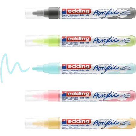 edding 5100 Acrylmarker - grau, gelb, blau, grün, rosa - 5 Acrylfarben Set (pastell) - Rundspitze 2-3 mm