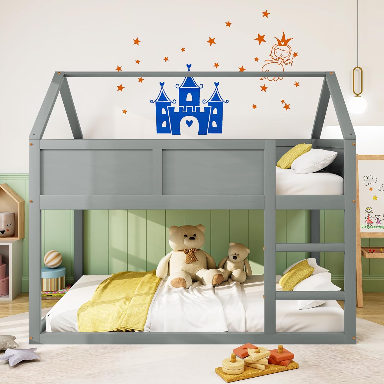 okwish Hochbett für 2 Kinder 90 x 200cm, Kinderbett Baumhaus mit Treppe und Massivholzrahmen, Hausbett, Grau(Ohne Matratze)