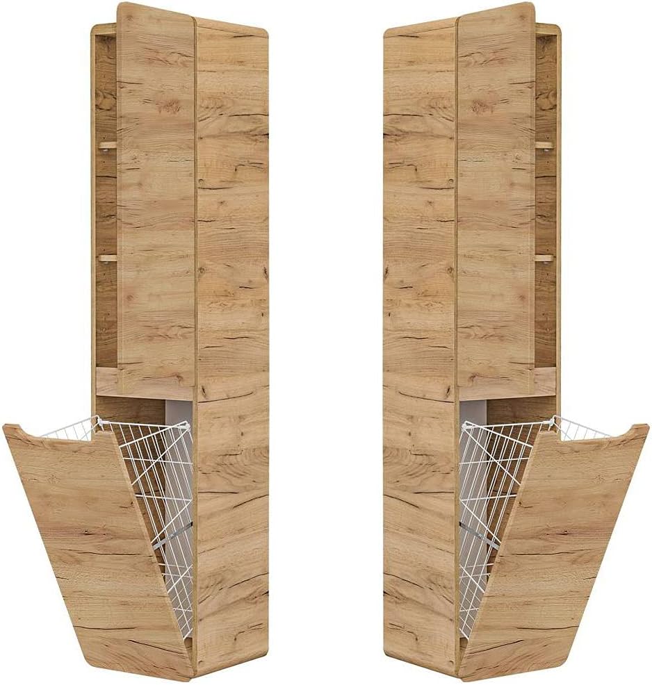 Lomadox Badezimmermöbel Set Eiche, Keramik Waschtisch mit Unterschrank, Spiegelschrank mit LED-Beleuchtung, Hochschrank mit Wäschesammler, Hänegschrank, Unterschrank