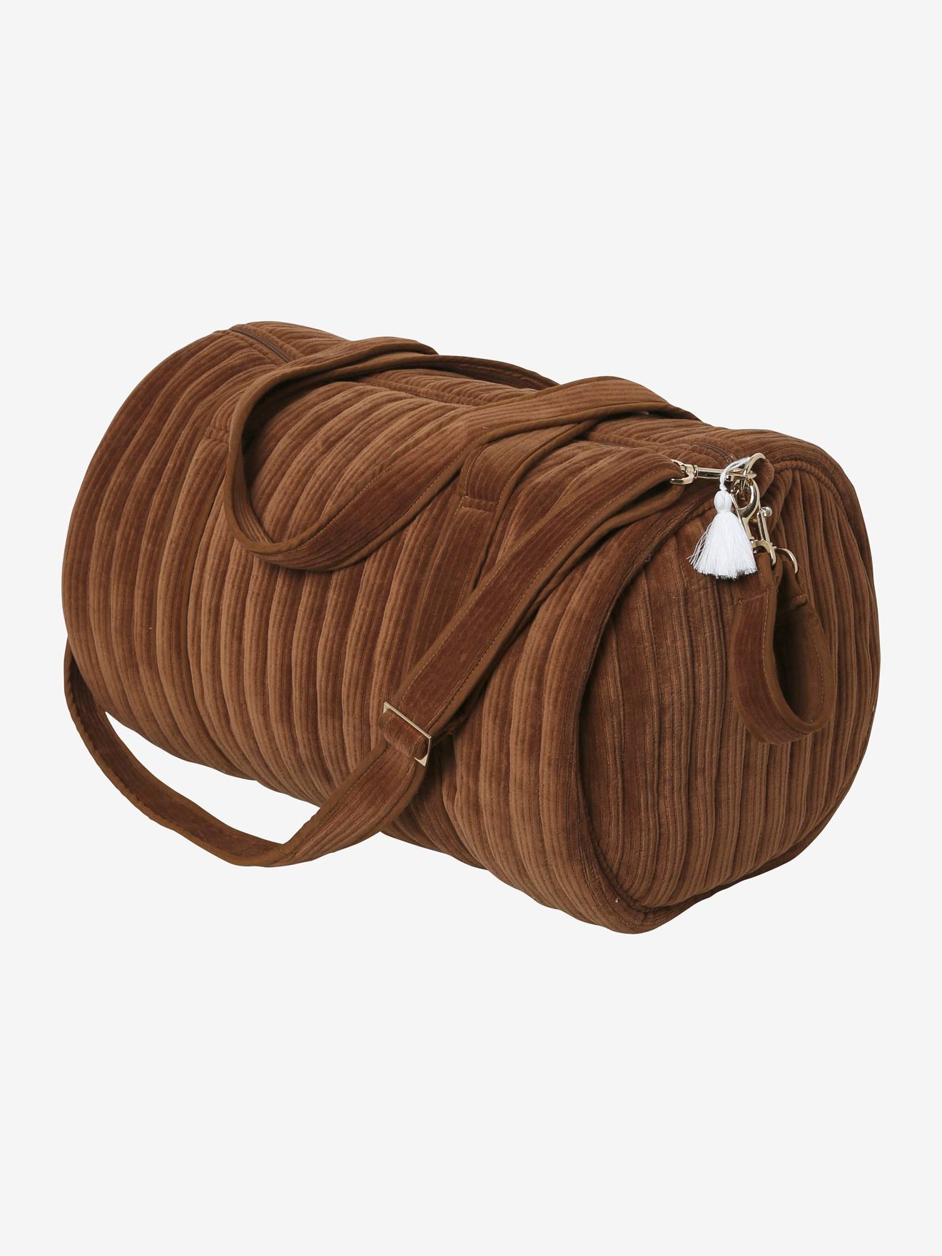 Bolsa de maternidade Baby Roll em veludo cotelê marrom claro liso.