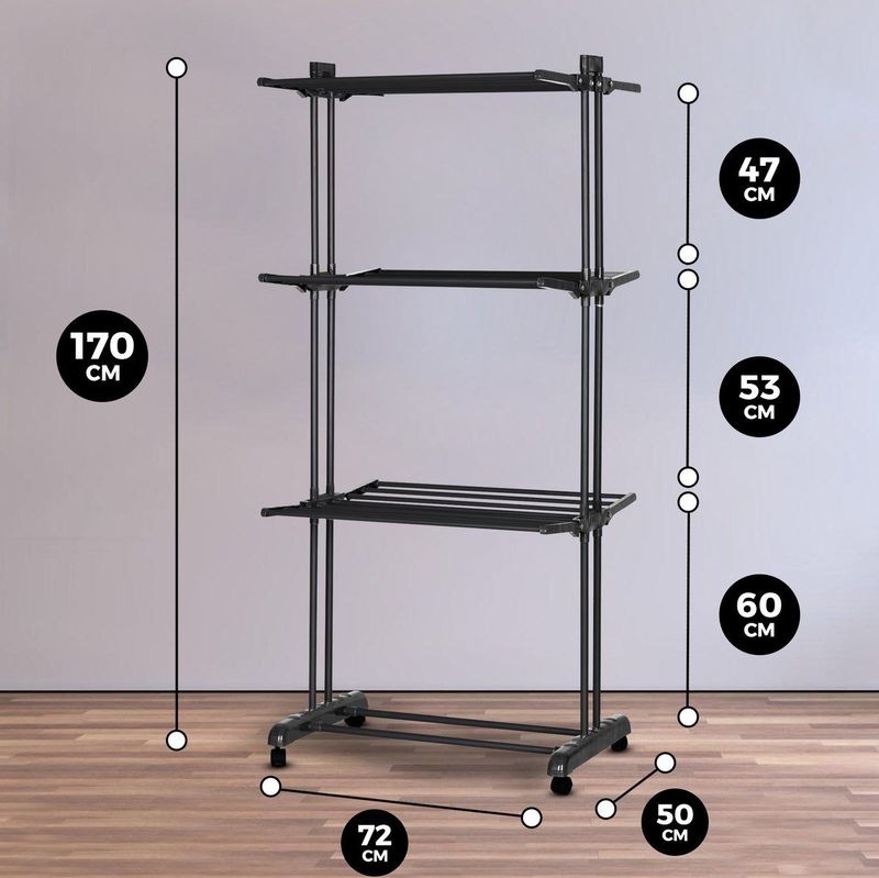 Vonia - Droogrek - Zwart - Droogtoren - 3 Lagen - Inklapbaar - 72x50x172 cm