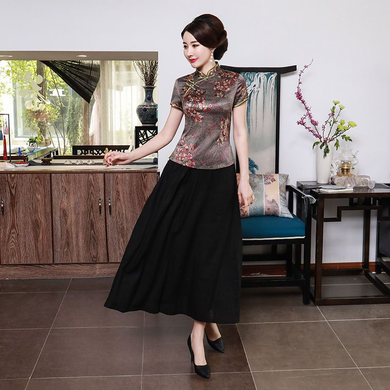 Gouden bloemen - Traditionele Chinese set: top met korte mouwen + A-lijn maxi-rok