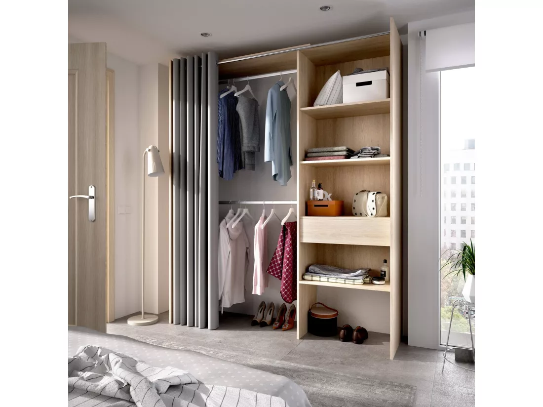 Armoire Dober, Structure pour dressing avec rideau, Cintre ouvert, 160x50h205 cm, Chêne