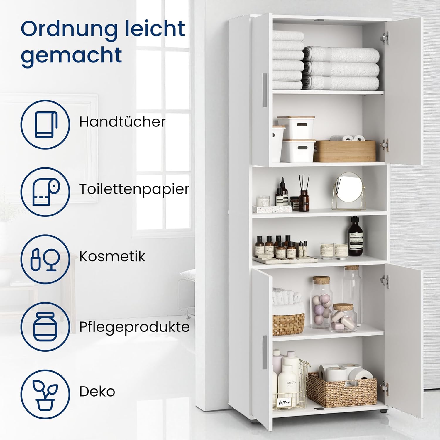 Home Collective Badezimmerschrank Hochschrank Badschrank mit 6 Fächern, Badezimmer Aufbewahrung, Mehrzweckschrank für Bad, Keller & Hauswirtschaftsraum | 70x35x187 cm (BxTxH) | Weiß
