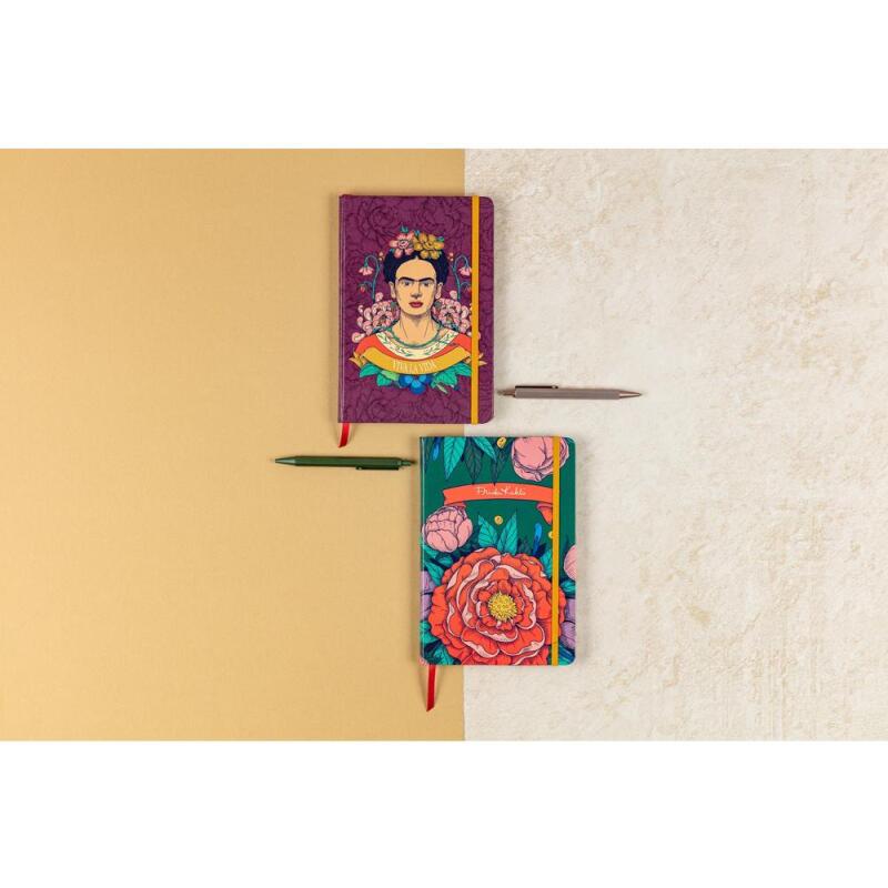 Frida Kahlo, Carnet rembordé rigide A5 14,8x21 cm, 160 pages, ligné, marque page, fermeture élastique, ass.