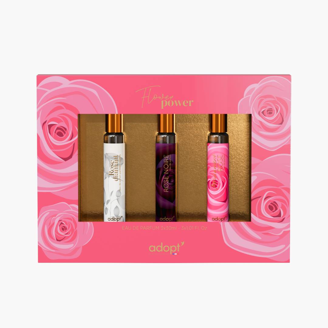Flower power - Coffret 3 eaux de parfum Rose noire 30ml + Rose diamant 30ml + Absolument rose 30ml