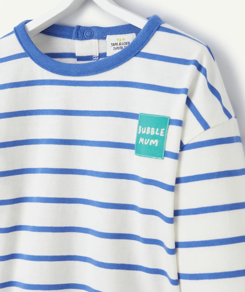 T-SHIRT MANCHES LONGUES BÉBÉ GARÇON EN COTON BIO BLANC À RAYURES BLEUES