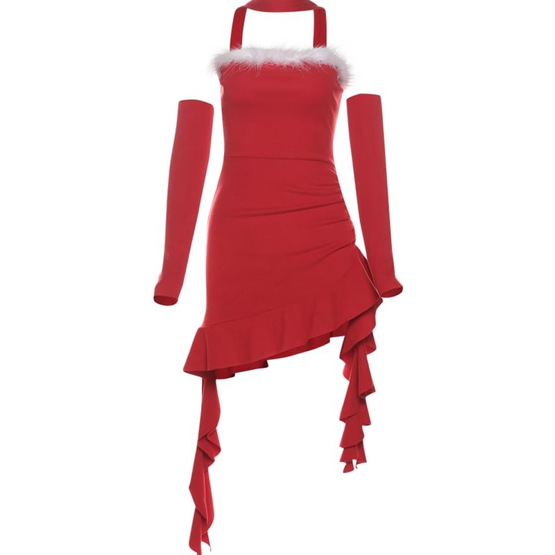 Bababy - Set: Strapless effen geplooide asymmetrische mini-bodyconjurk + mouwen