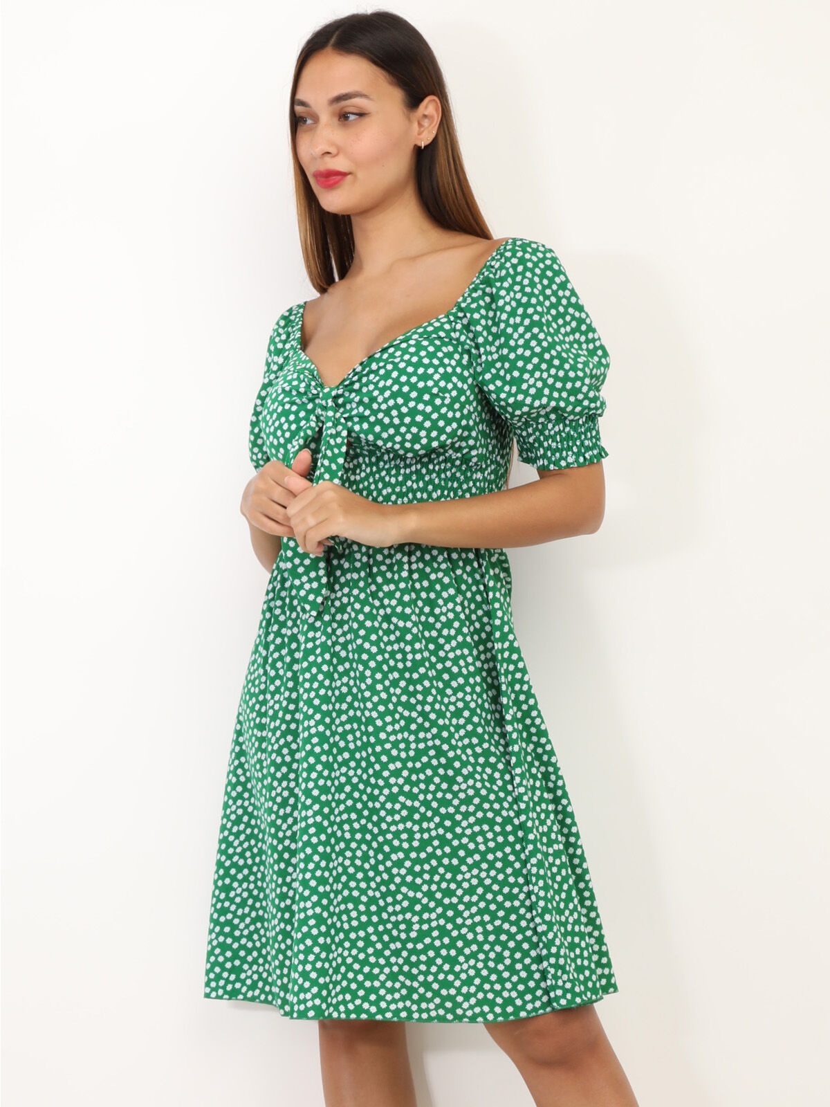 Robe fleurie à manches ballon- Vert
