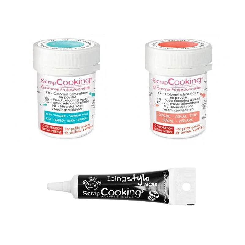 2 colorants alimentaires corail-turquoise + Stylo glaçage noir Scrapco